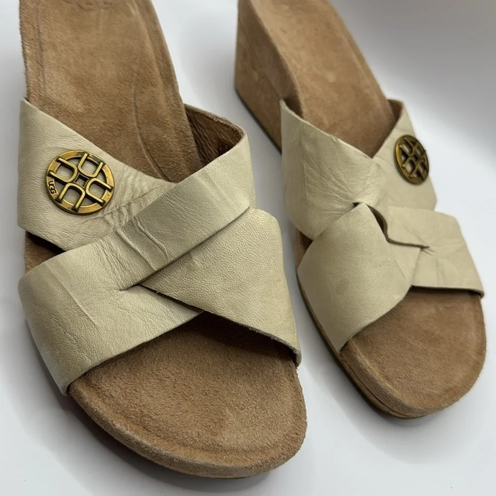 NWOB UGG Lyra Cork Wedge Slide Sandals Cream Leather Size 8
